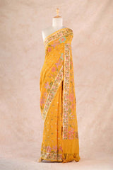 Sun Yellow Banarasi Georgette Khaddi Bandhani Saree with Paithani Asawali Border