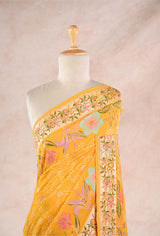 Sun Yellow Banarasi Georgette Khaddi Bandhani Saree with Paithani Asawali Border