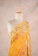 Sun Yellow Banarasi Georgette Khaddi Bandhani Saree with Paithani Asawali Border