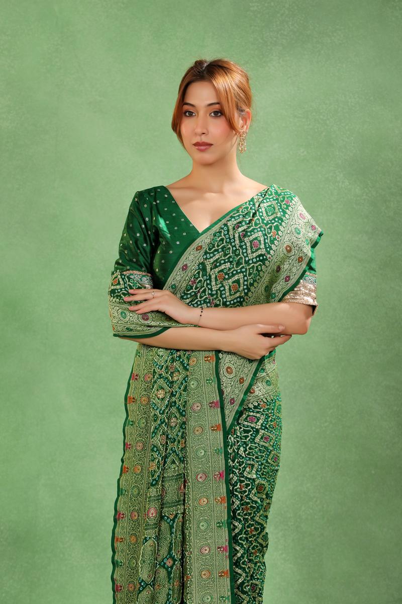 Bottle Green Khaddi Bandhej Saree | Chinaya Banaras