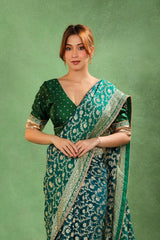 Rama Green Pure Georgette Khaddi Silk Saree with Gold Zari Jaal