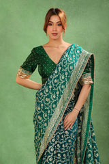 Rama Green Pure Georgette Khaddi Silk Saree with Gold Zari Jaal