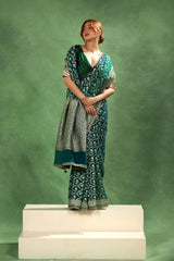 Rama Green Pure Georgette Khaddi Silk Saree with Gold Zari Jaal