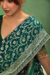 Rama Green Pure Georgette Khaddi Silk Saree with Gold Zari Jaal