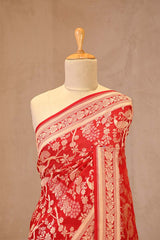 Red Georgette Khaddi Silk Saree with Zari Floral Work