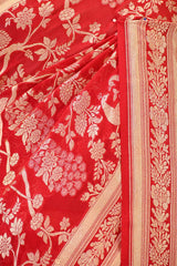 Red Georgette Khaddi Silk Saree with Zari Floral Work