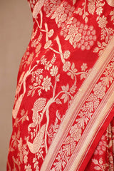 Red Georgette Khaddi Silk Saree with Zari Floral Work