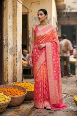 Pink and Peach Shaded Georgette Khaddi Silk Saree with Gold Zari Floral Jaal