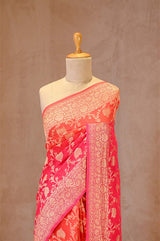 Pink and Peach Shaded Georgette Khaddi Silk Saree with Gold Zari Floral Jaal