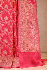 Pink and Peach Shaded Georgette Khaddi Silk Saree with Gold Zari Floral Jaal