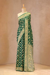 Green Banarasi Georgette Khaddi Silk Saree with Gold Zari