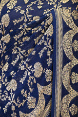 Royal Blue Banarasi Georgette Khaddi Silk Saree with Gold Zari Floral Jaal