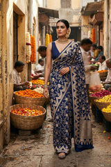 Royal Blue Banarasi Georgette Khaddi Silk Saree with Gold Zari Floral Jaal