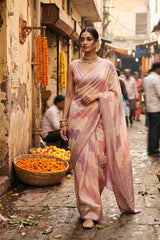 Pastel Mauve Rangkat Georgette Khaddi Silk Saree with Gold Zari Work