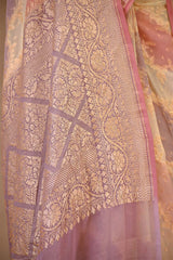 Pastel Mauve Rangkat Georgette Khaddi Silk Saree with Gold Zari Work