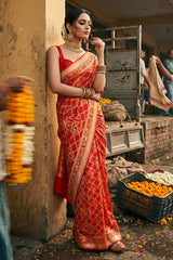 Scarlet Red Bandhej Silk Saree with Shikargah Motifs & Gharchola Pallu