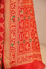 Scarlet Red Bandhej Silk Saree with Shikargah Motifs & Gharchola Pallu