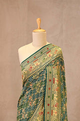 Green Bandhej Silk Saree with Mayur Border & Peacock Pallu