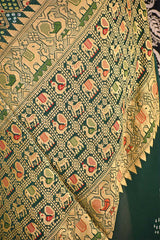 Green Bandhej Silk Saree with Mayur Border & Peacock Pallu