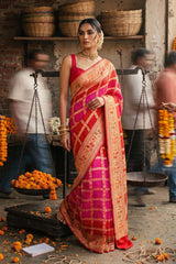 Rani Pink and Scarlet Bandhani georgette silk saree with gharchola zari design and peacock floral pallu
