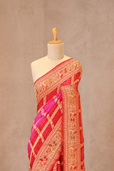Rani Pink & Scarlet Bandhani Silk Saree with Gharchola & Peacock Pallu