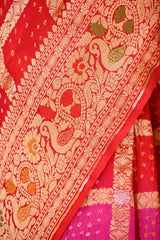 Rani Pink & Scarlet Bandhani Silk Saree with Gharchola & Peacock Pallu
