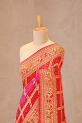 Rani Pink & Scarlet Bandhani Silk Saree with Gharchola & Peacock Pallu
