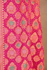 Rani Pink Geometrical Bandhej Silk Saree with Floral Zari Border & Pallu