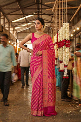 Rani Pink Geometrical Bandhej Silk Saree with Floral Zari Border & Pallu