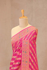 Rani Pink Geometrical Bandhej Silk Saree with Floral Zari Border & Pallu
