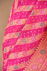 Rani Pink Geometrical Bandhej Silk Saree with Floral Zari Border & Pallu