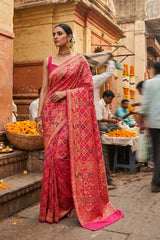 Vibrant Pink Georgette Silk Saree with Mayur Motifs & Gharchola Pallu