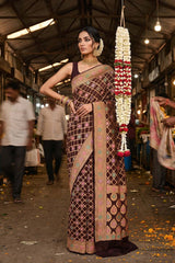 Brown Bandhej Silk Saree with Meenakari Zari Checks & Floral Pallu