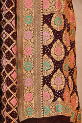 Brown Bandhej Silk Saree with Meenakari Zari Checks & Floral Pallu