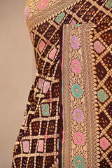 Brown Bandhej Silk Saree with Meenakari Zari Checks & Floral Pallu