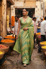 Green Rangkat Georgette Khaddi Silk Saree with Gold Zari Work