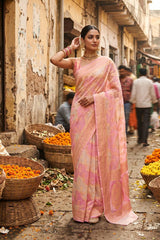 Pastel Pink Rangkat Georgette Khaddi Silk Saree with Gold Zari Work