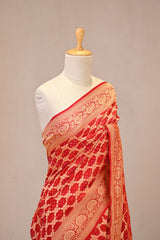 Red Georgette Khaddi Saree with Bandhani and Gold Zari Weaving
