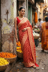 Red Georgette Khaddi Saree with Bandhani and Gold Zari Weaving
