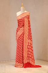 Red Georgette Khaddi Saree with Bandhani and Gold Zari Weaving