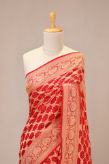 Red Georgette Khaddi Saree with Bandhani and Gold Zari Weaving