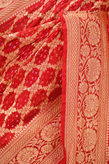 Red Georgette Khaddi Saree with Bandhani and Gold Zari Weaving