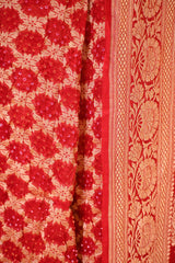 Red Georgette Khaddi Saree with Bandhani and Gold Zari Weaving