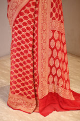 Red Georgette Khaddi Saree with Bandhani and Gold Zari Weaving