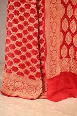 Red Georgette Khaddi Saree with Bandhani and Gold Zari Weaving