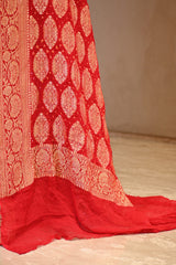 Red Georgette Khaddi Saree with Bandhani and Gold Zari Weaving