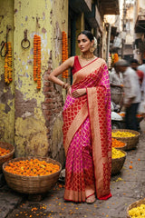 Red Georgette Khaddi Saree with Shaded Bandhani Zari Weaving