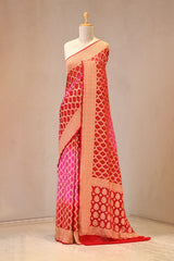 Red Georgette Khaddi Saree with Shaded Bandhani Zari Weaving