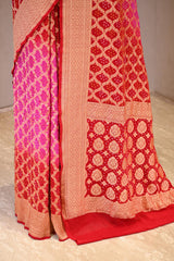 Red Georgette Khaddi Saree with Shaded Bandhani Zari Weaving