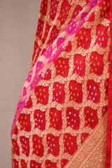 Red Georgette Khaddi Saree with Shaded Bandhani Zari Weaving